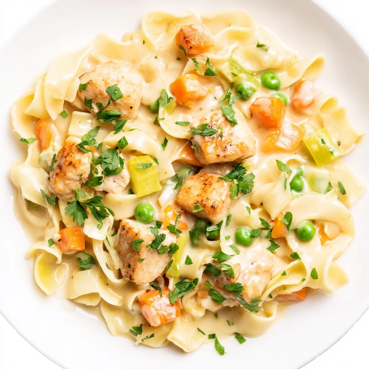 Creamy Chicken and Egg Noodles: A comforting plate filled with a rich, savory homemade recipe.