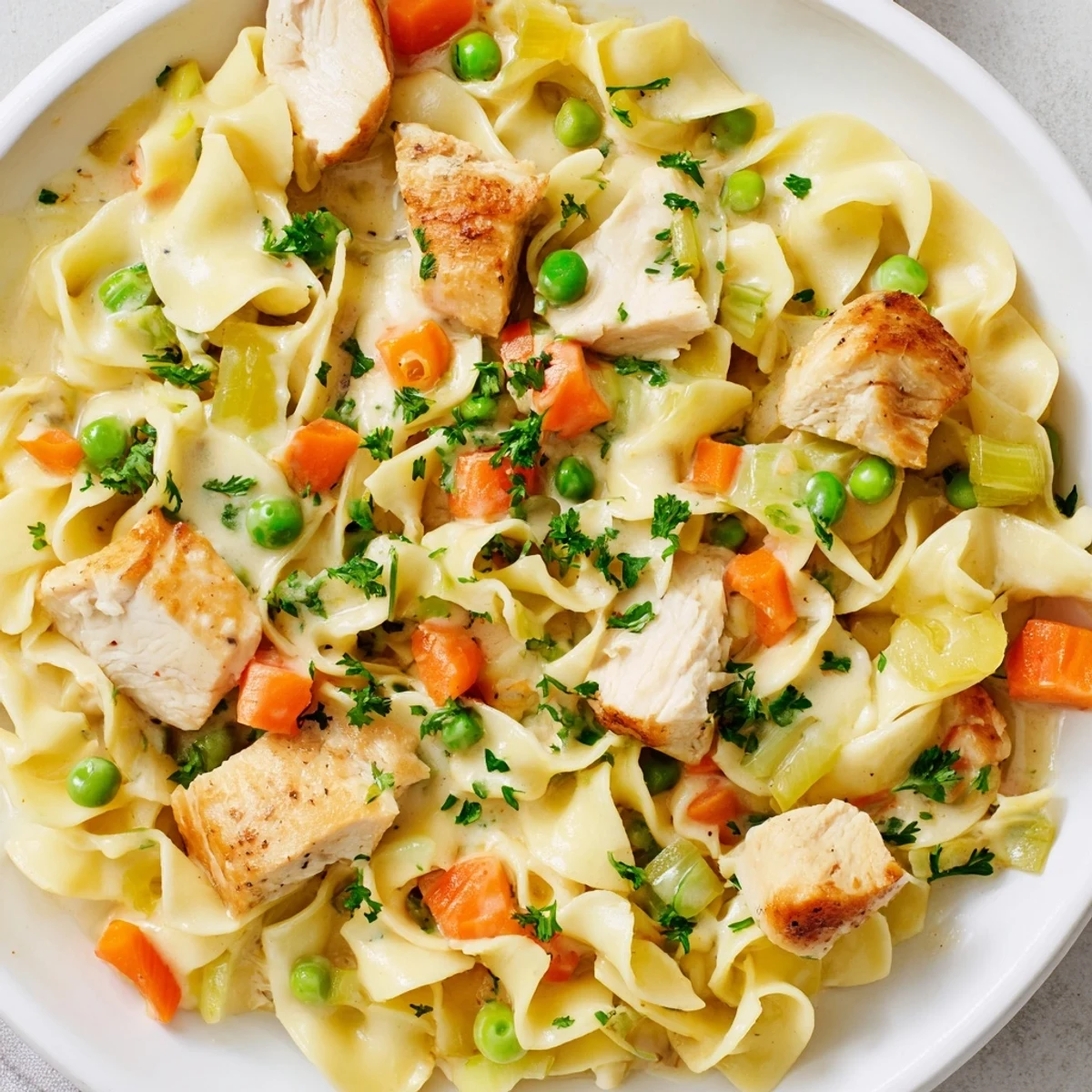 Close-up shot shows a bowl of Creamy Chicken and Egg Noodles, creamy sauce over egg noodles.