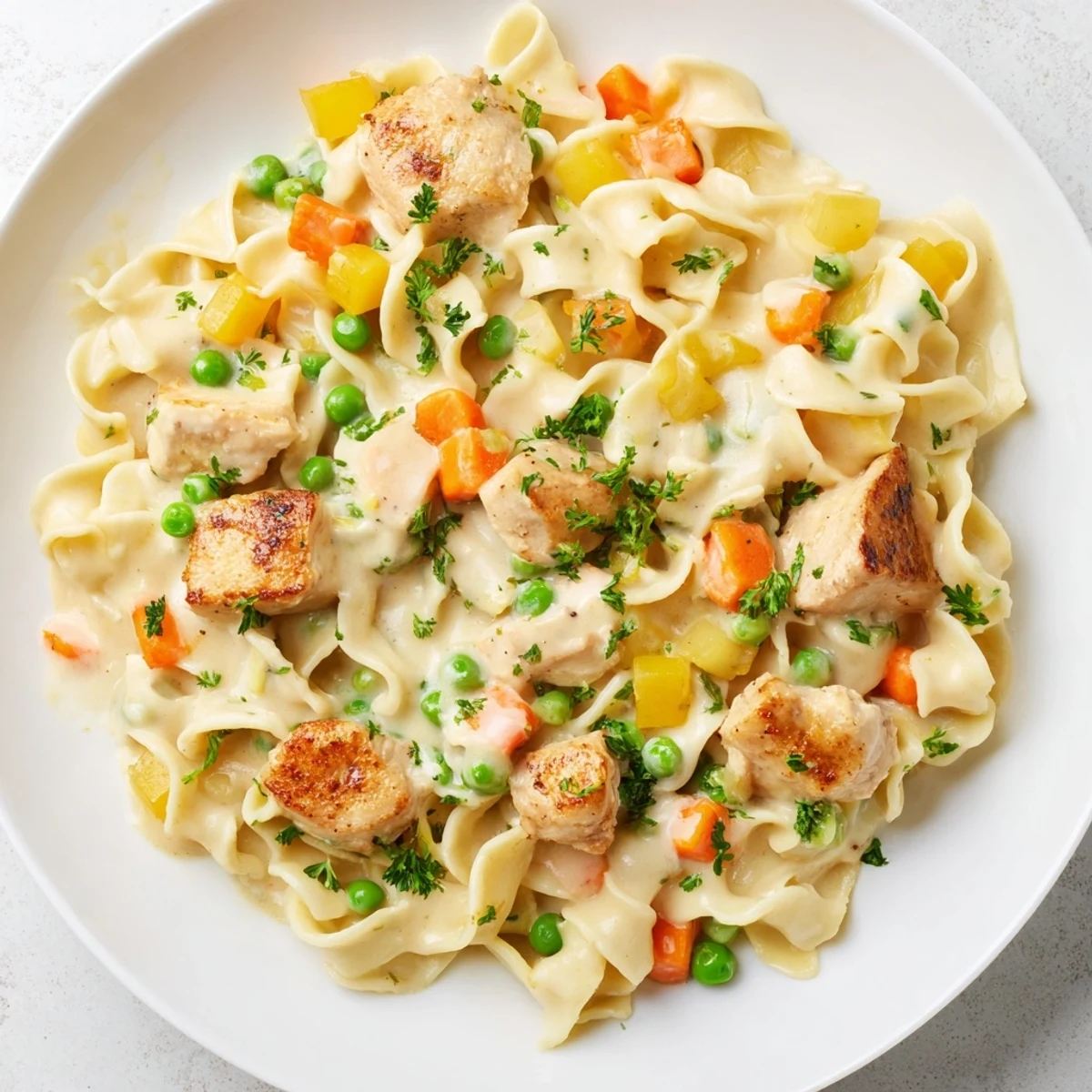 Steaming Creamy Chicken and Egg Noodles ready to eat, with visible tender chicken and veggies.