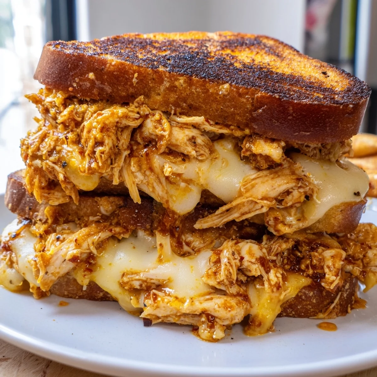 Golden brown chili crisp honey chicken grilled cheese, oozing cheese, a delicious comfort sandwich.