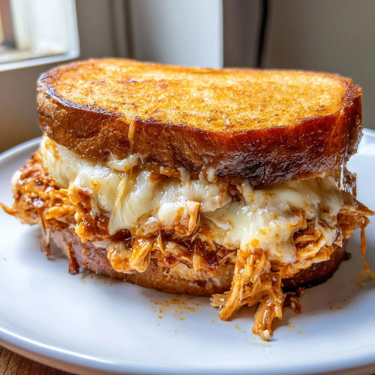 Close-up of a perfectly grilled chili crisp honey chicken grilled cheese sandwich, ready to enjoy.
