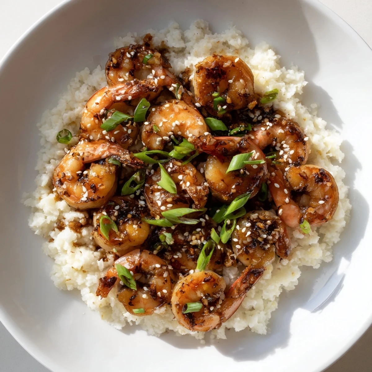 A vibrant photo: Steaming ginger garlic shrimp bowls with green onions and sesame seeds.