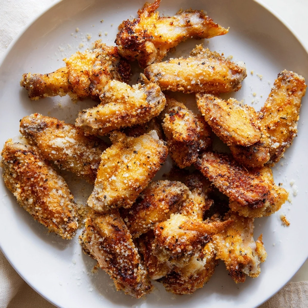 Golden-brown Baked Parmesan Chicken Wings, ready to eat, with crispy, flavorful breading.