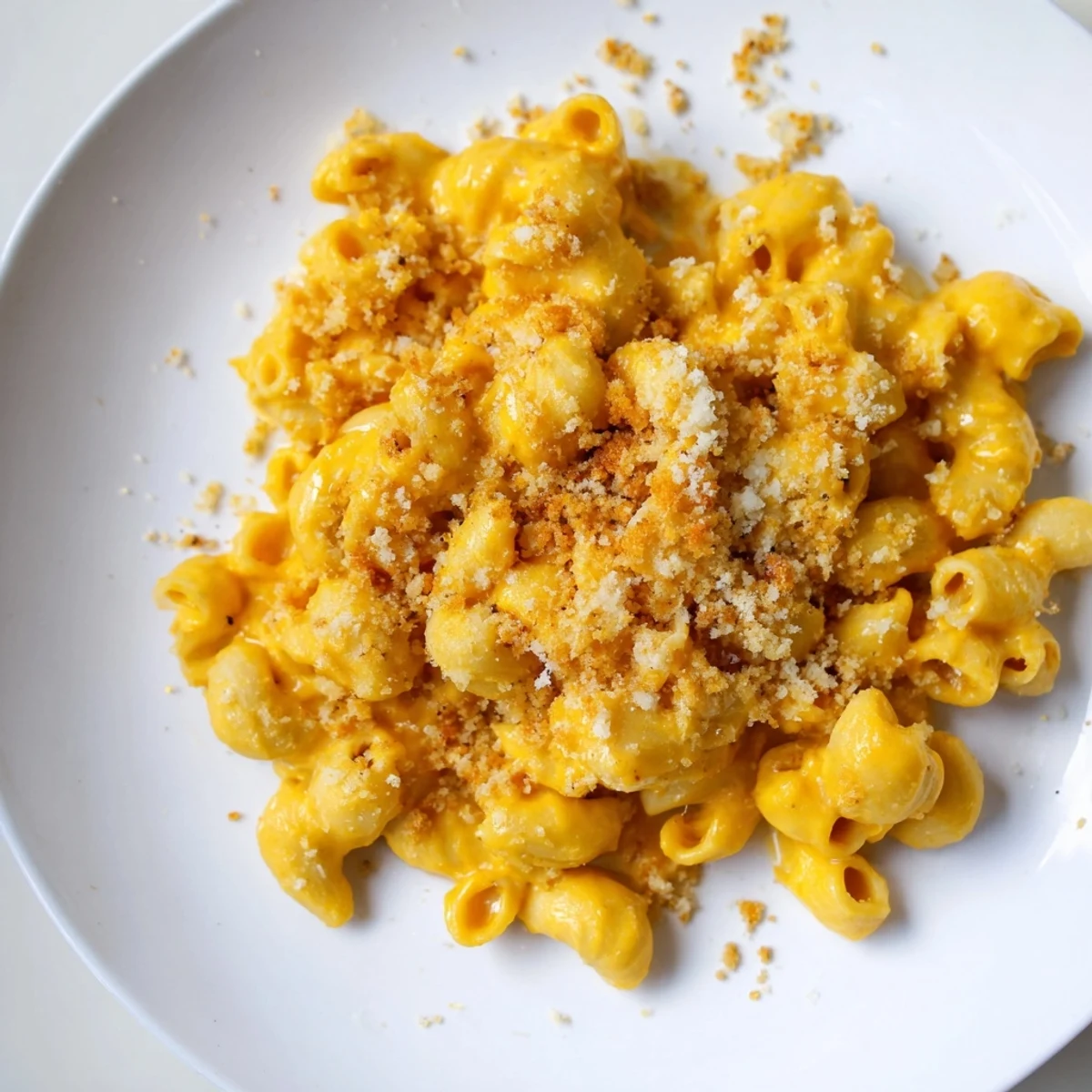 A close-up shot of pumpkin mac & cheese showcasing its smooth texture and cheesy goodness.