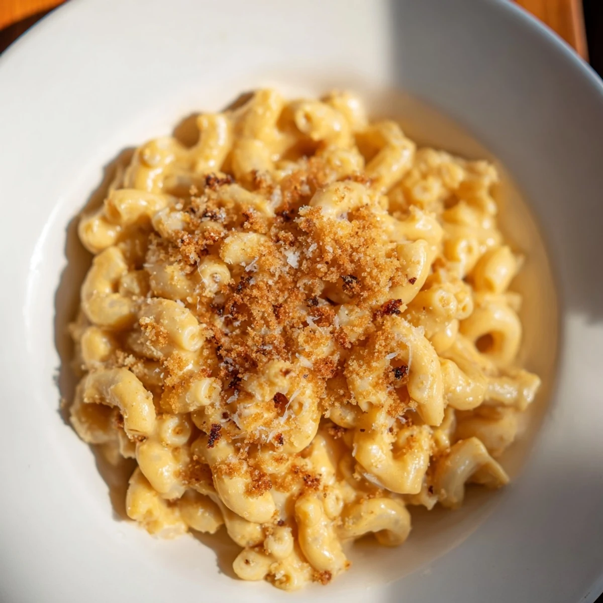 Savory pumpkin mac & cheese, topped with crispy breadcrumbs and bubbling cheese, delicious.