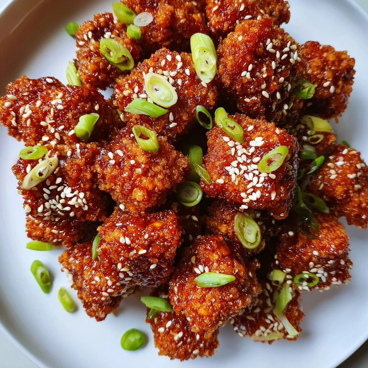 Golden, crispy Honey Sriracha Tofu Nuggets glistening with a sweet and spicy glaze for snacking.