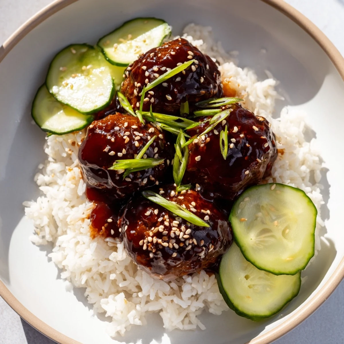 A close-up of teriyaki meatball bowls showing perfectly glazed meatballs and colorful toppings.