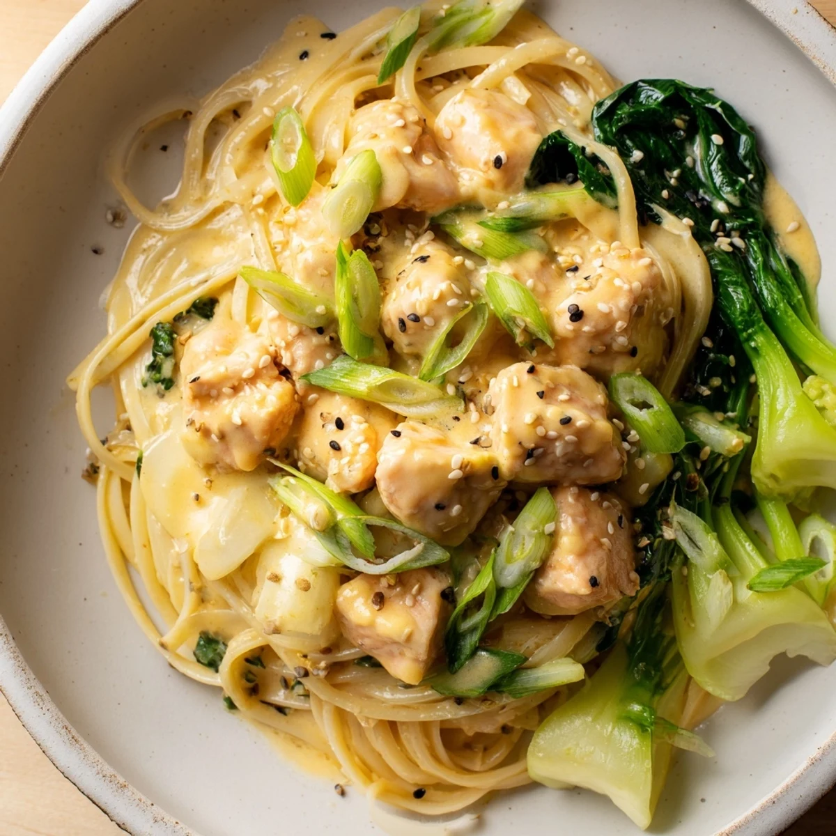 Close-up of miso butter salmon pasta, showcasing perfectly cooked salmon and al dente pasta.