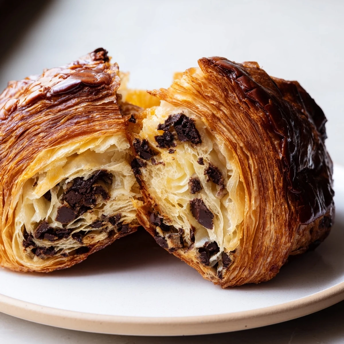 A close-up of freshly baked crookies, showcasing the flaky layers and gooey chocolate chips within.