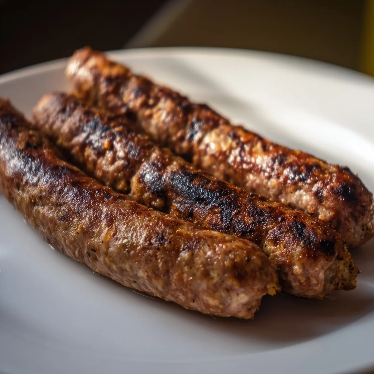 Grilled Romanian mici sausages, browned and sizzling, ready to enjoy with mustard and bread.
