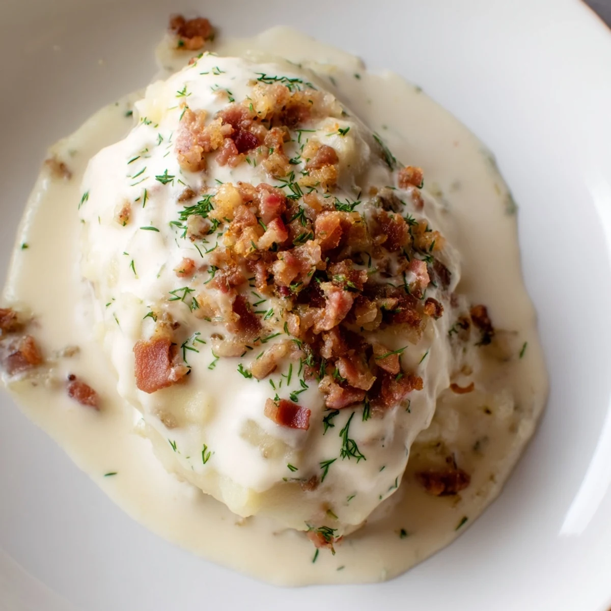 Steaming hot Lithuanian Cepelinai dumplings, bursting with savory meat, are covered in bacon and sour cream.