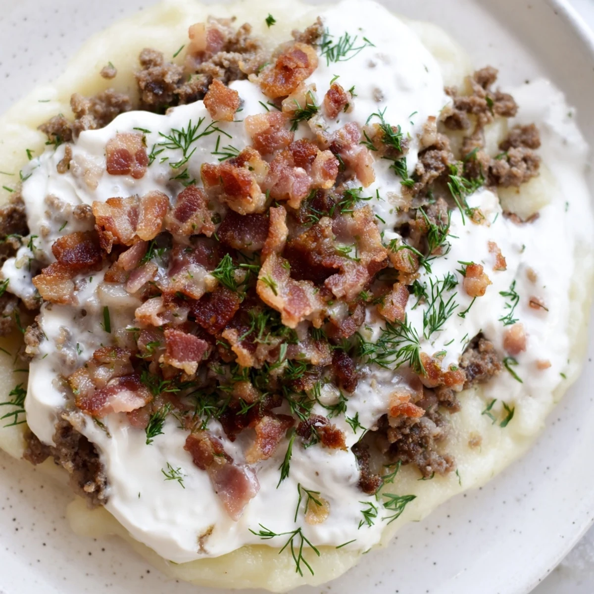 A close-up of a plate with Lithuanian Cepelinai dumplings: plump and hearty, they're drizzled with a creamy bacon sauce.