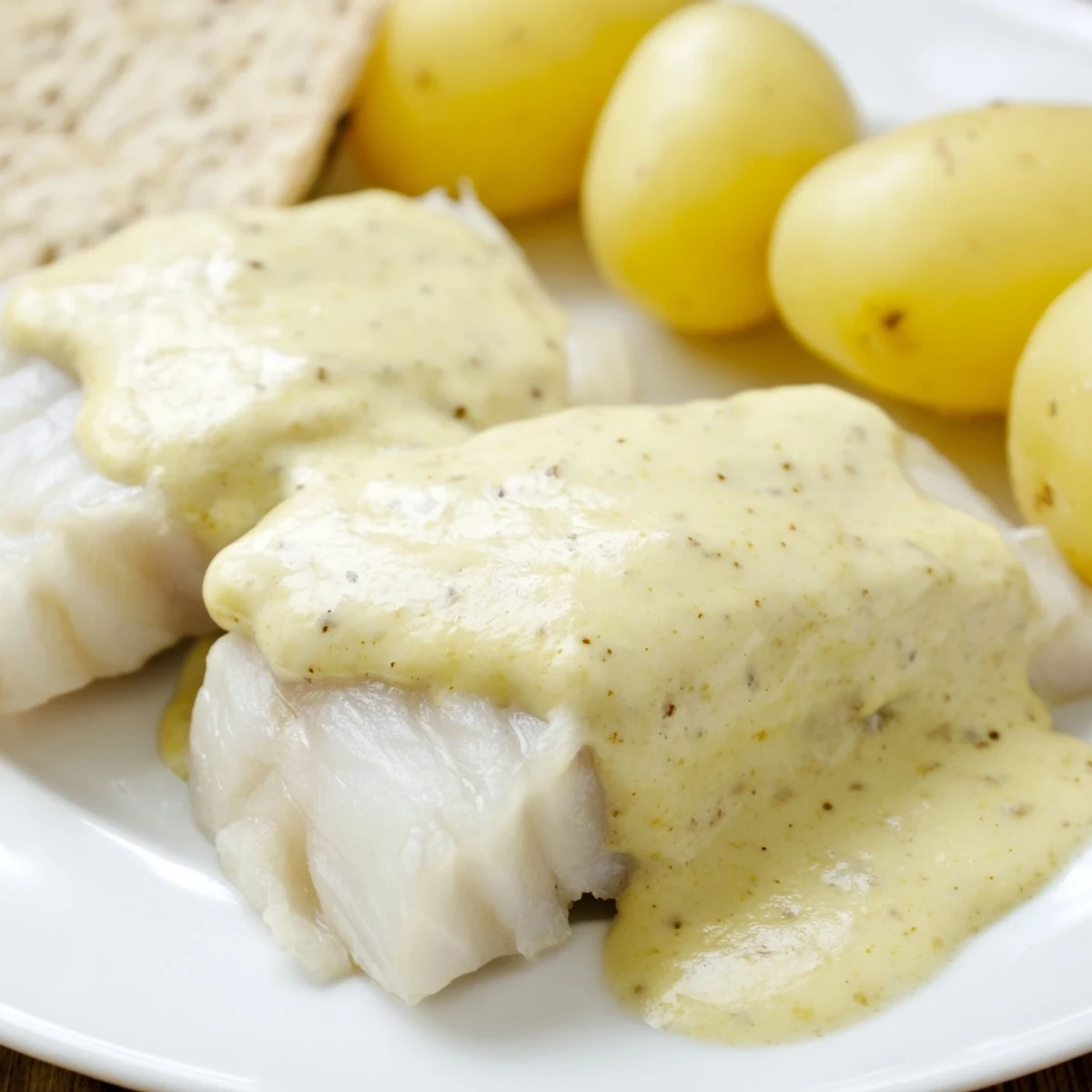 Flaky Norwegian Lutefisk, gently baked and topped with a creamy, rich mustard sauce.