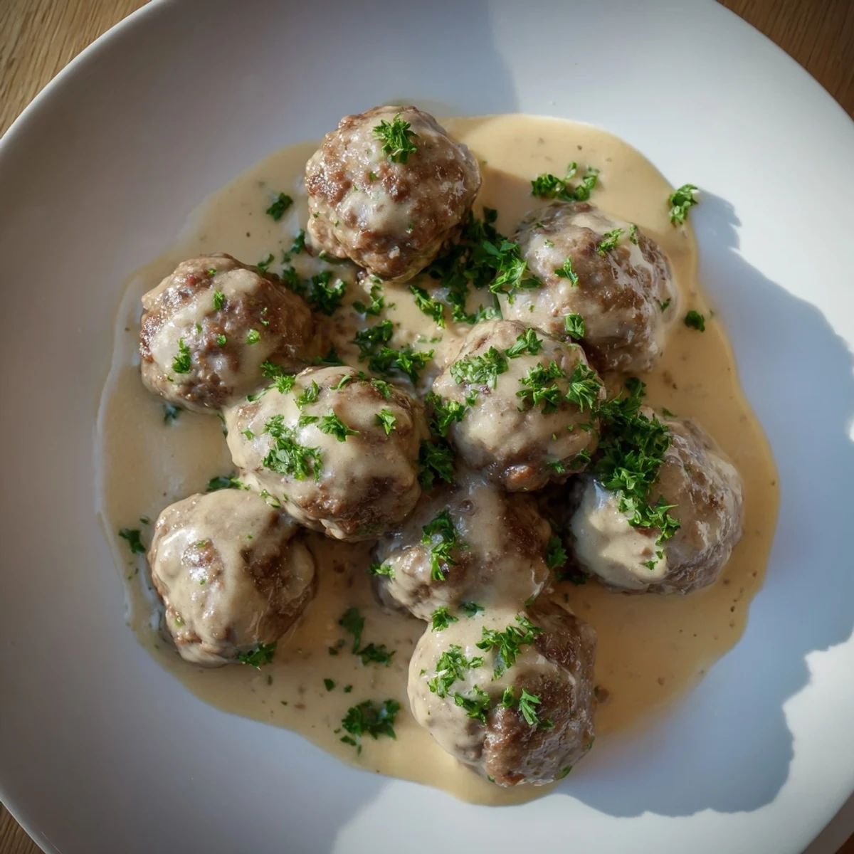 A steaming plate of Swedish Meatballs with rich gravy, ready to be enjoyed with mashed potatoes.
