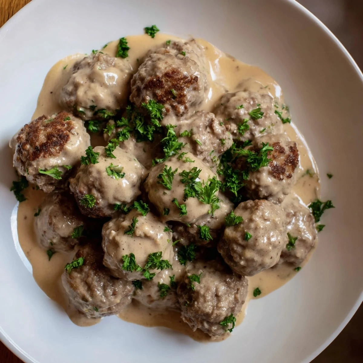 Close-up of golden-brown Swedish Meatballs simmering in a creamy sauce, perfect for a cozy dinner.