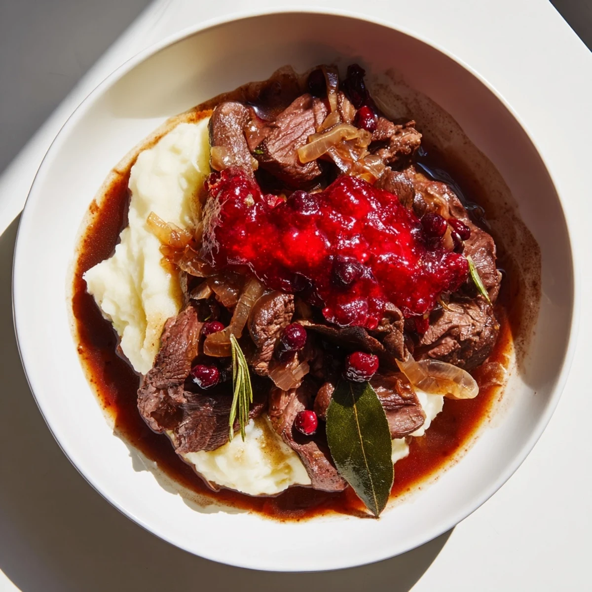 Tender Finnish Reindeer Stew, served with creamy mashed potatoes and vibrant lingonberries.