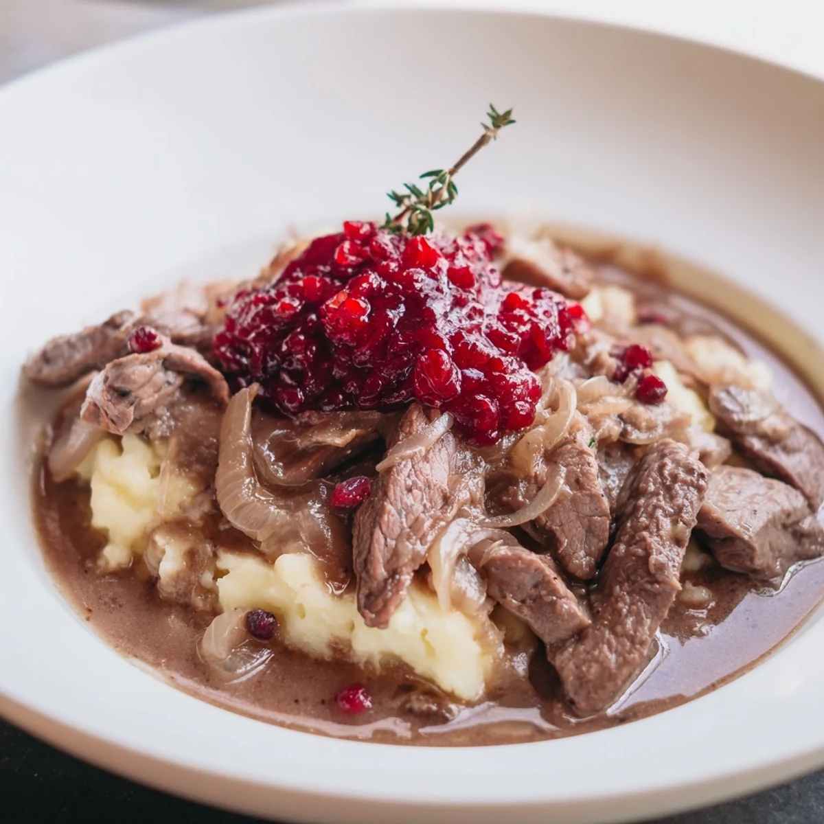 A steaming bowl of Finnish Reindeer Stew, with soft meat and sweet lingonberries, perfect for dinner.