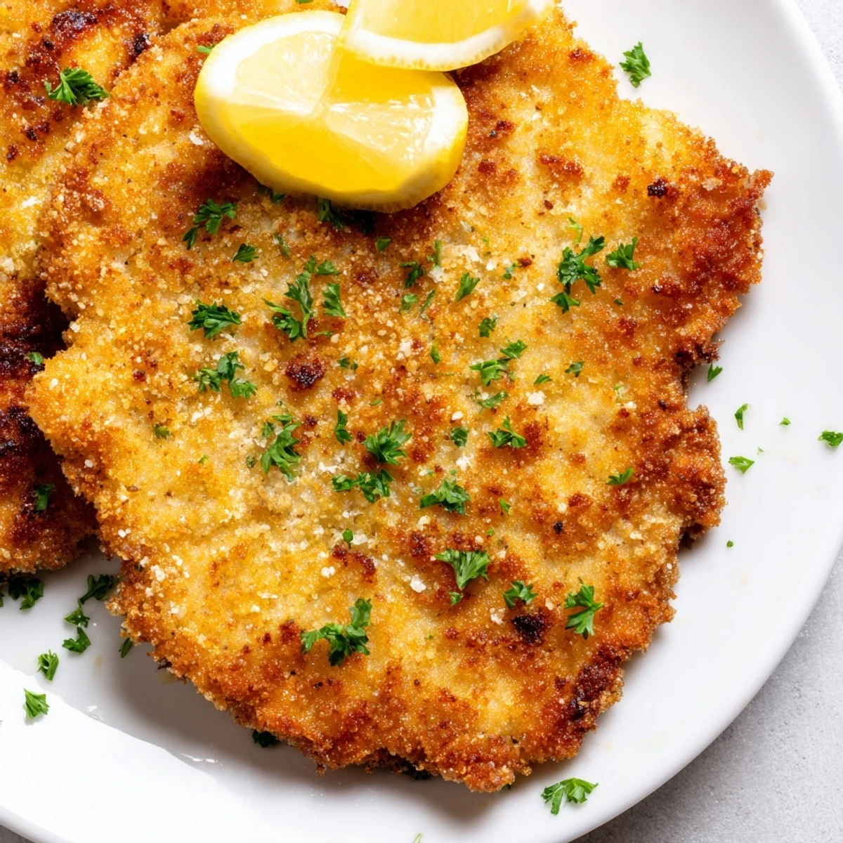 Golden-brown German schnitzel cutlet, crispy edged and ready to be drizzled with fresh lemon.