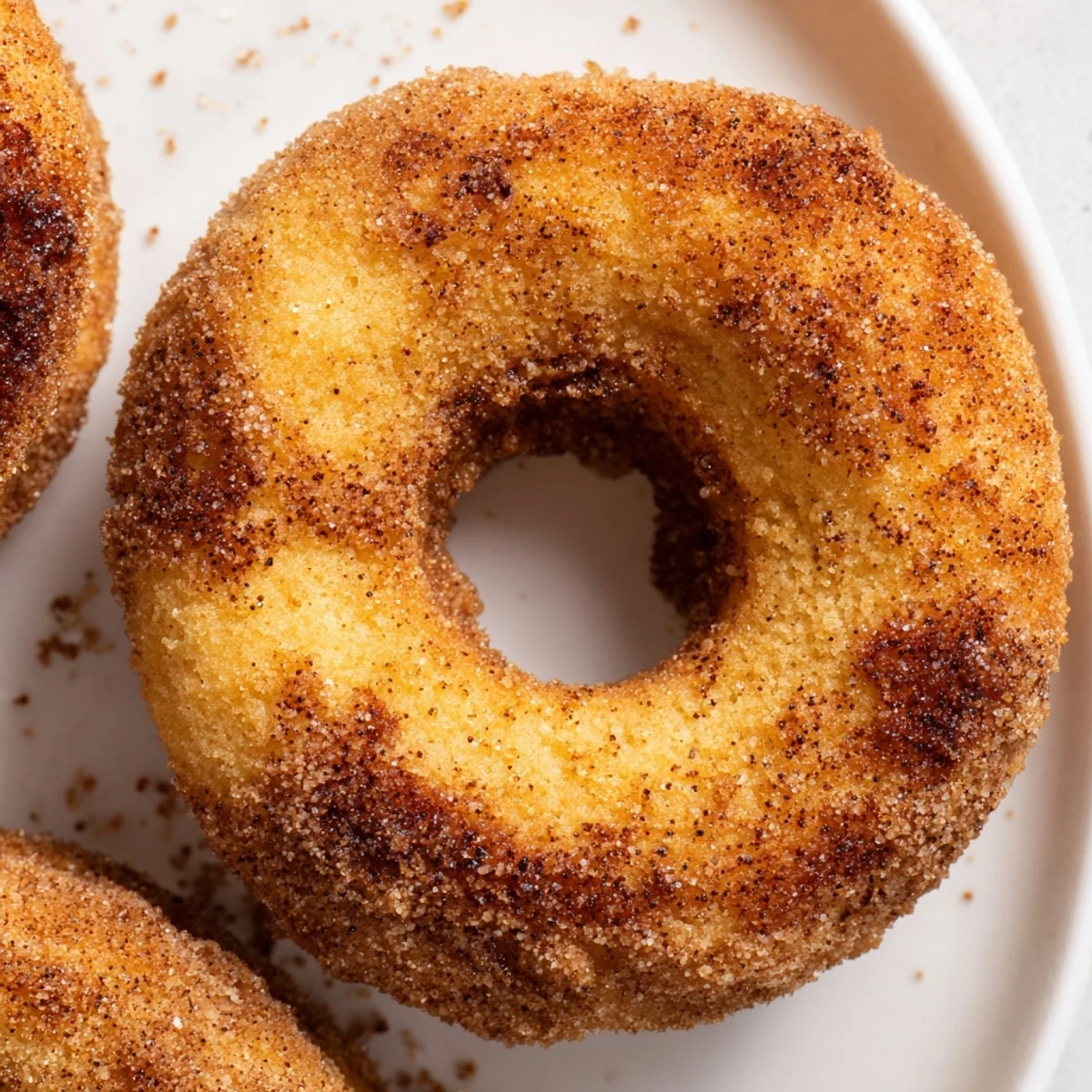 Air Fryer Cinnamon Sugar Donuts are golden and puffy, coated in sweet cinnamon sugar on a rustic plate.