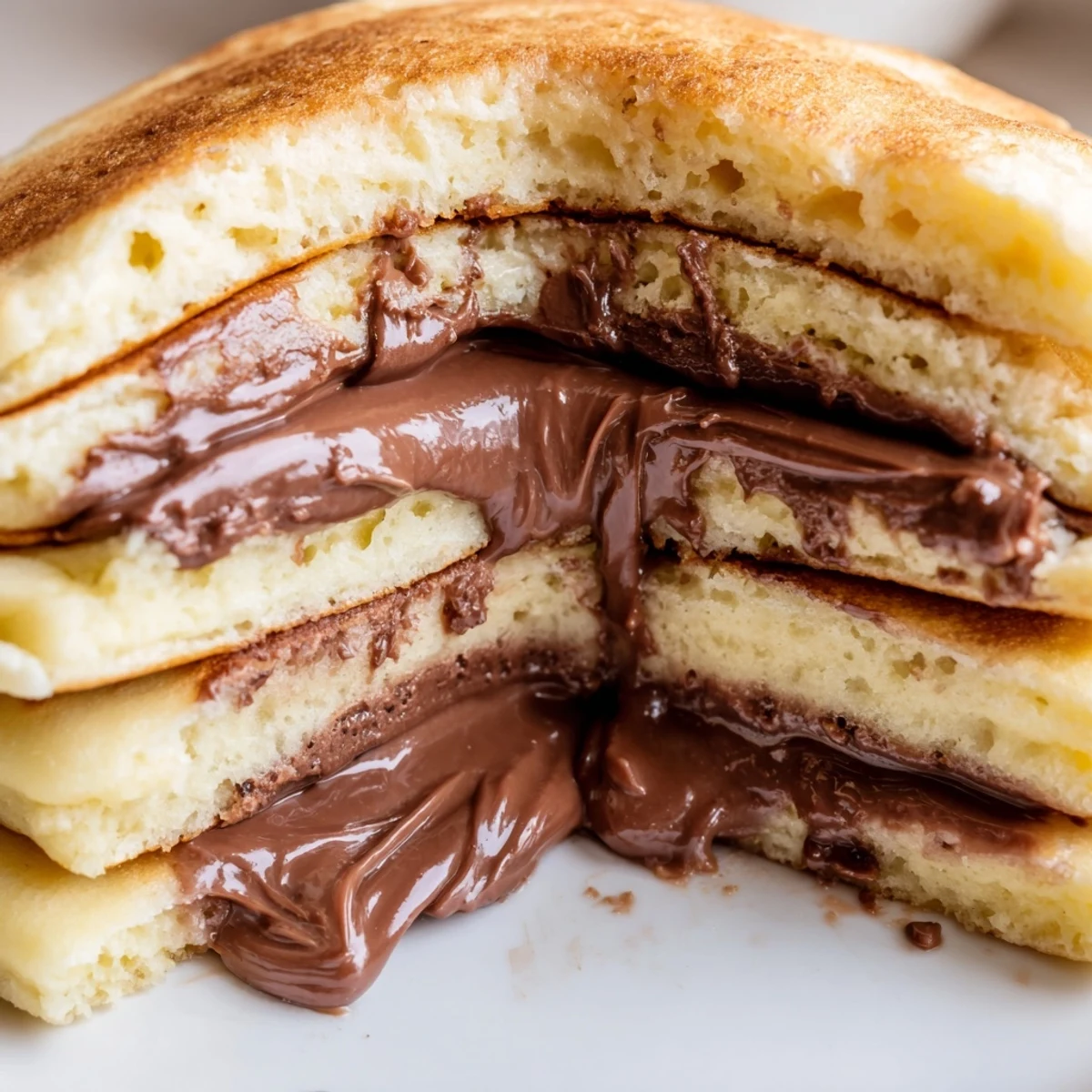 Golden Nutella Stuffed Pancakes stacked high, dusted with powdered sugar, served warm for a decadent breakfast.