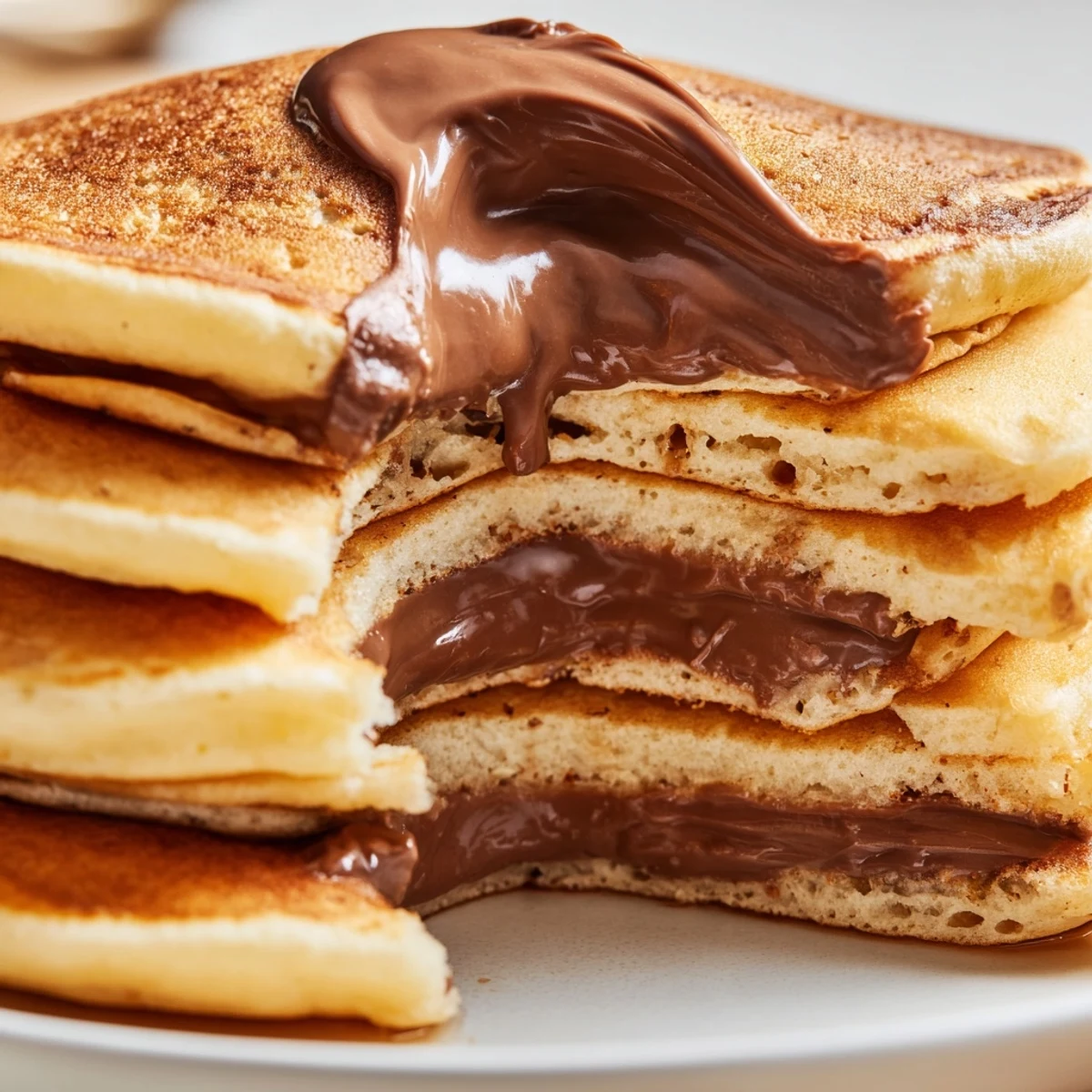 Freshly cooked Nutella Stuffed Pancakes on a plate, ready to be enjoyed for a sweet brunch.