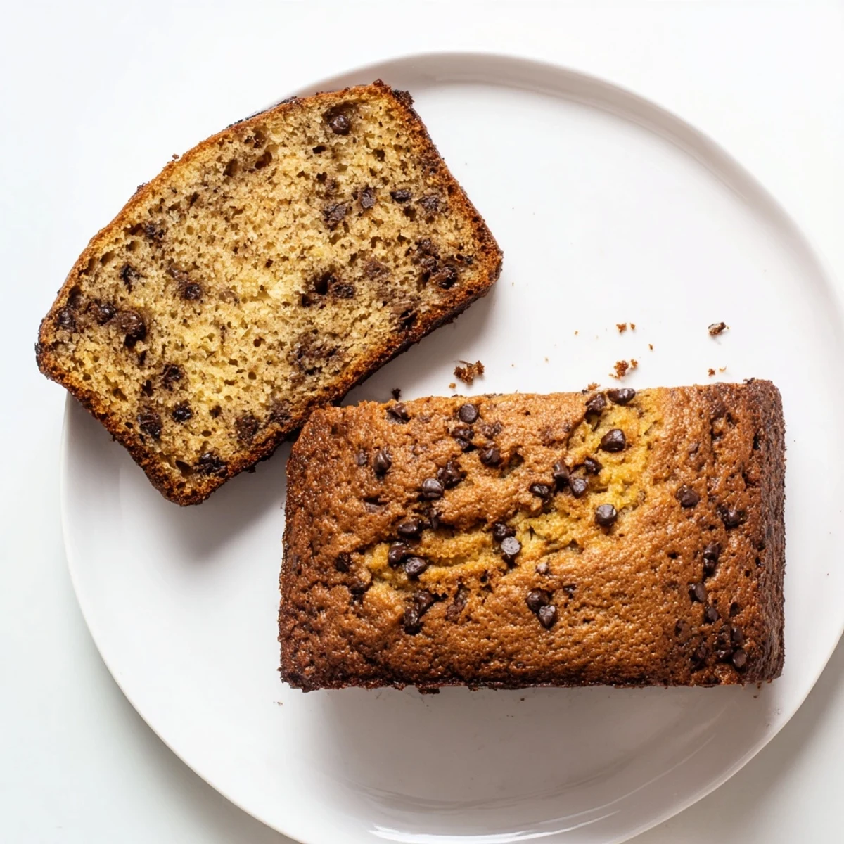 A warm slice of moist homemade banana bread, studded with melty chocolate chips and topped with a pat of butter.