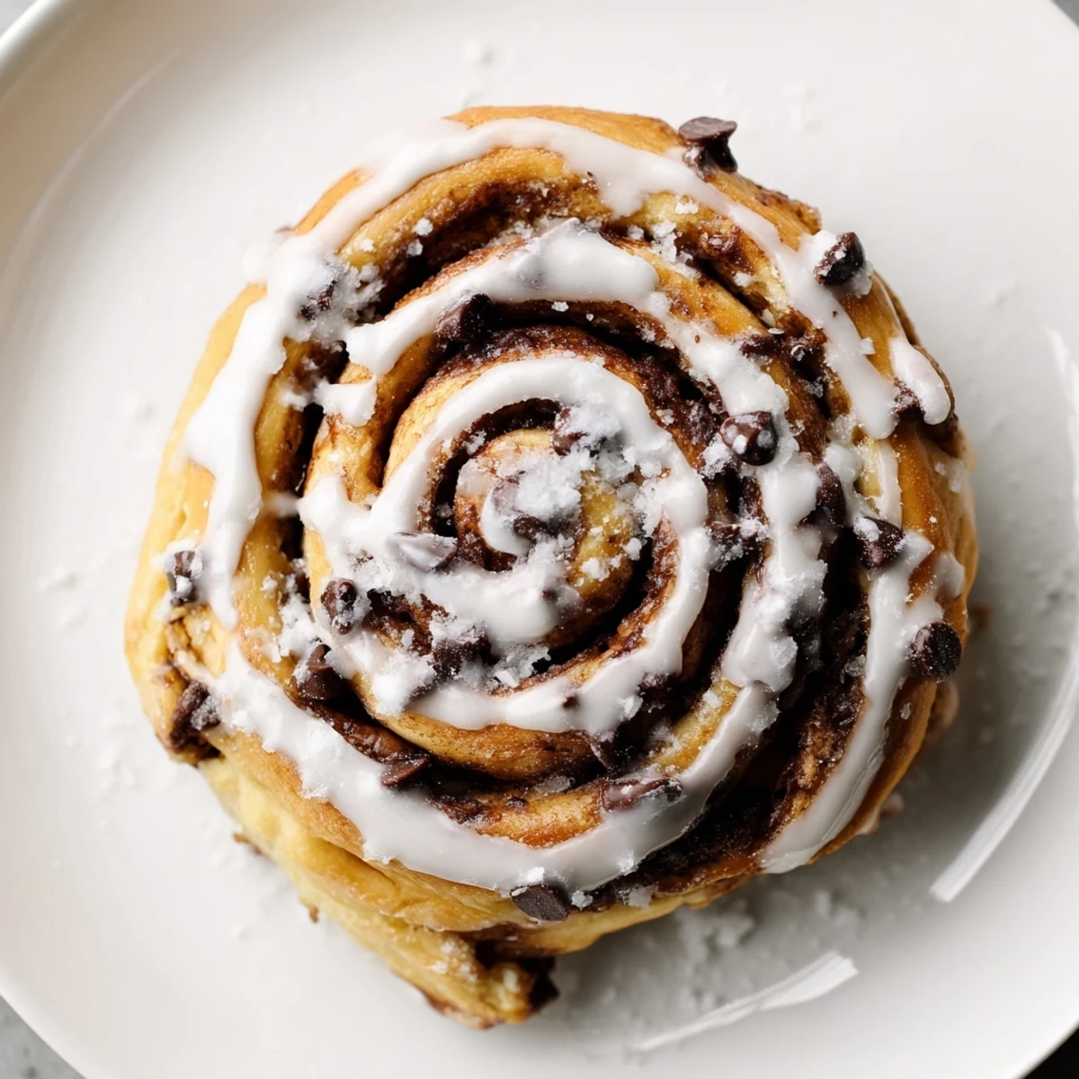 Golden-brown Nutella Chocolate Chip Rolls fresh from the oven, drizzled with sweet glaze and garnished with extra chocolate chips on a rustic wooden table.