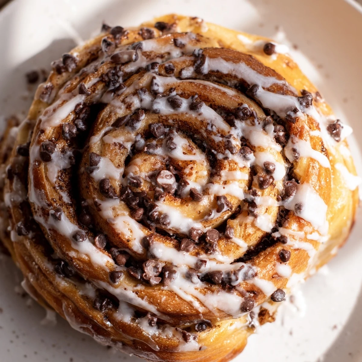 Freshly baked Nutella Chocolate Chip Rolls topped with sweet glaze on a white plate, perfect for a decadent dessert or brunch spread.