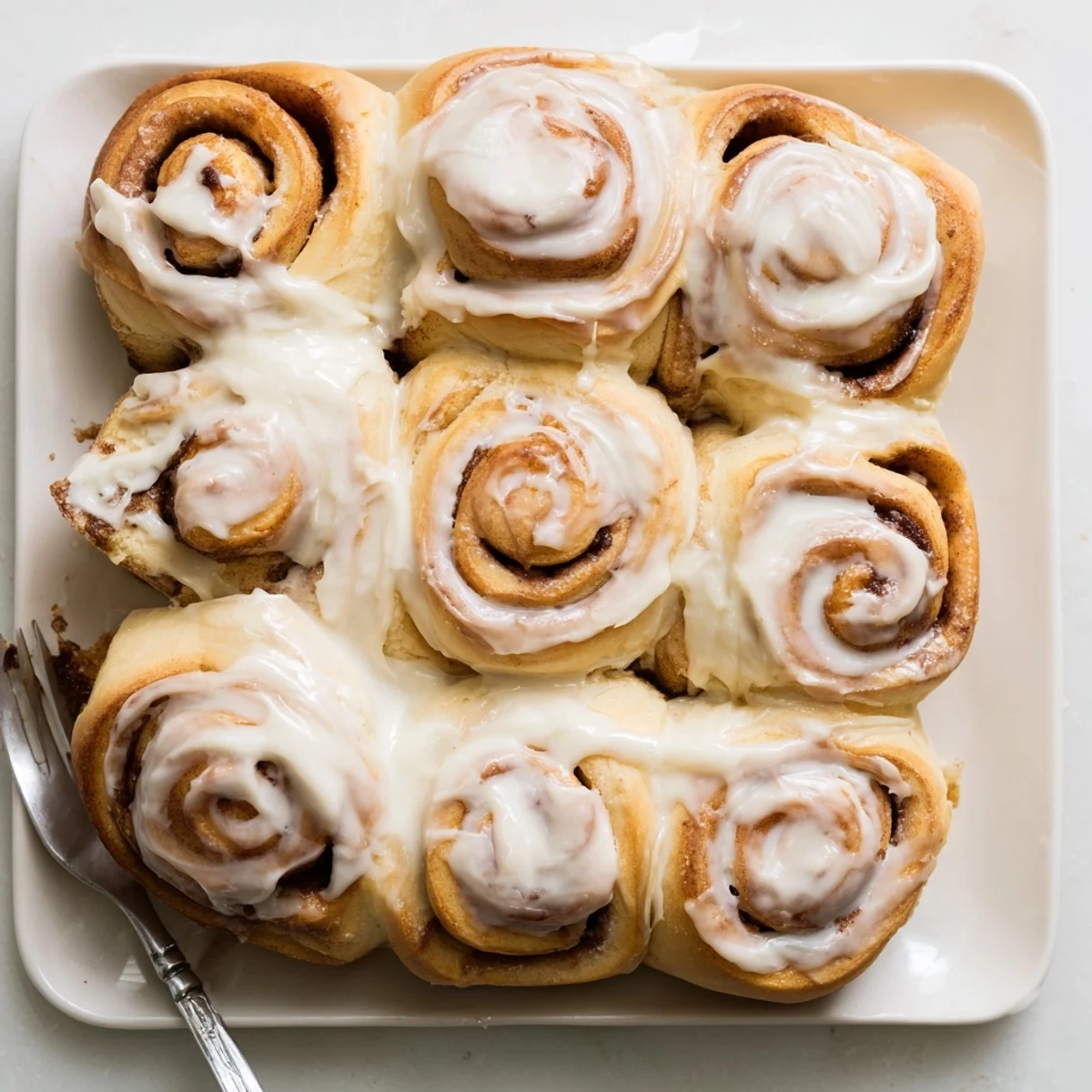 A close-up of Pillow Soft Cinnamon Rolls drizzled with creamy glaze, set on a rustic wooden table for a cozy breakfast scene.