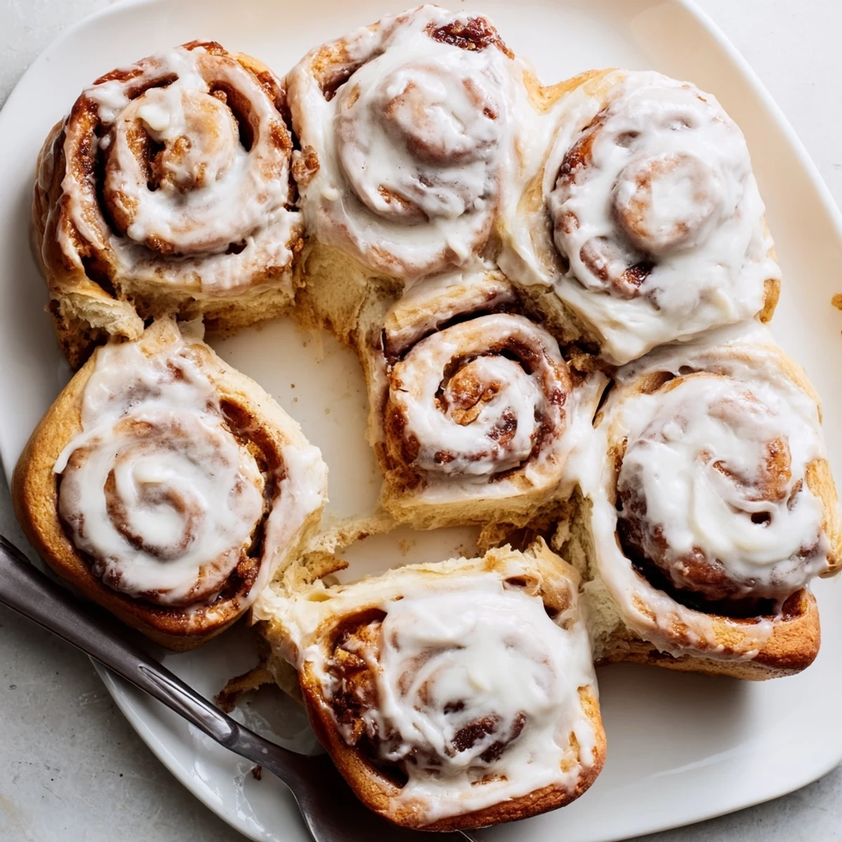 Overhead view of freshly glazed Pillow Soft Cinnamon Rolls in a white baking dish, perfect for a weekend brunch spread.