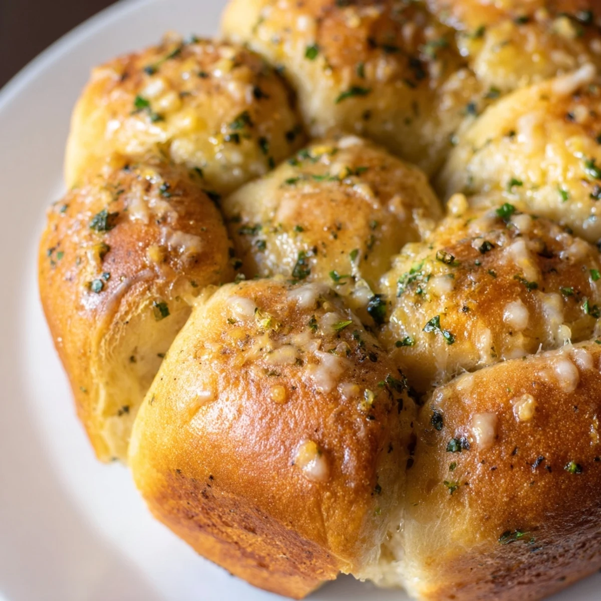 Warm, pull-apart garlic butter bread rolls with golden tops, fresh parsley, and melted butter on a rustic table.