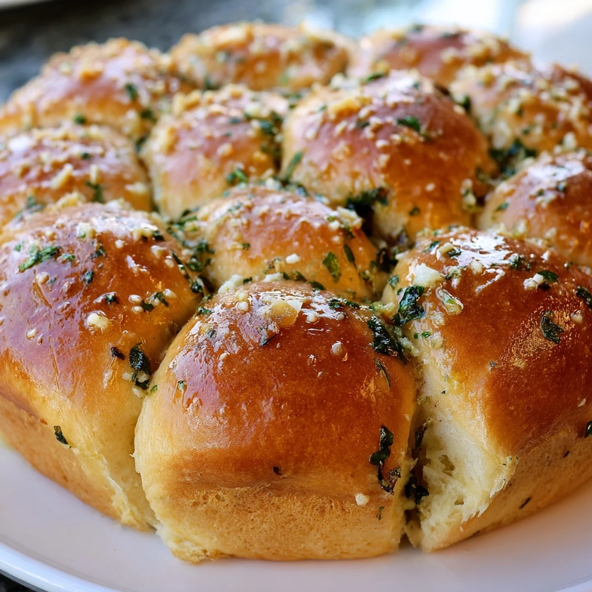 Soft, golden pull-apart bread rolls coated in garlic butter, ready to share at a party or potluck.