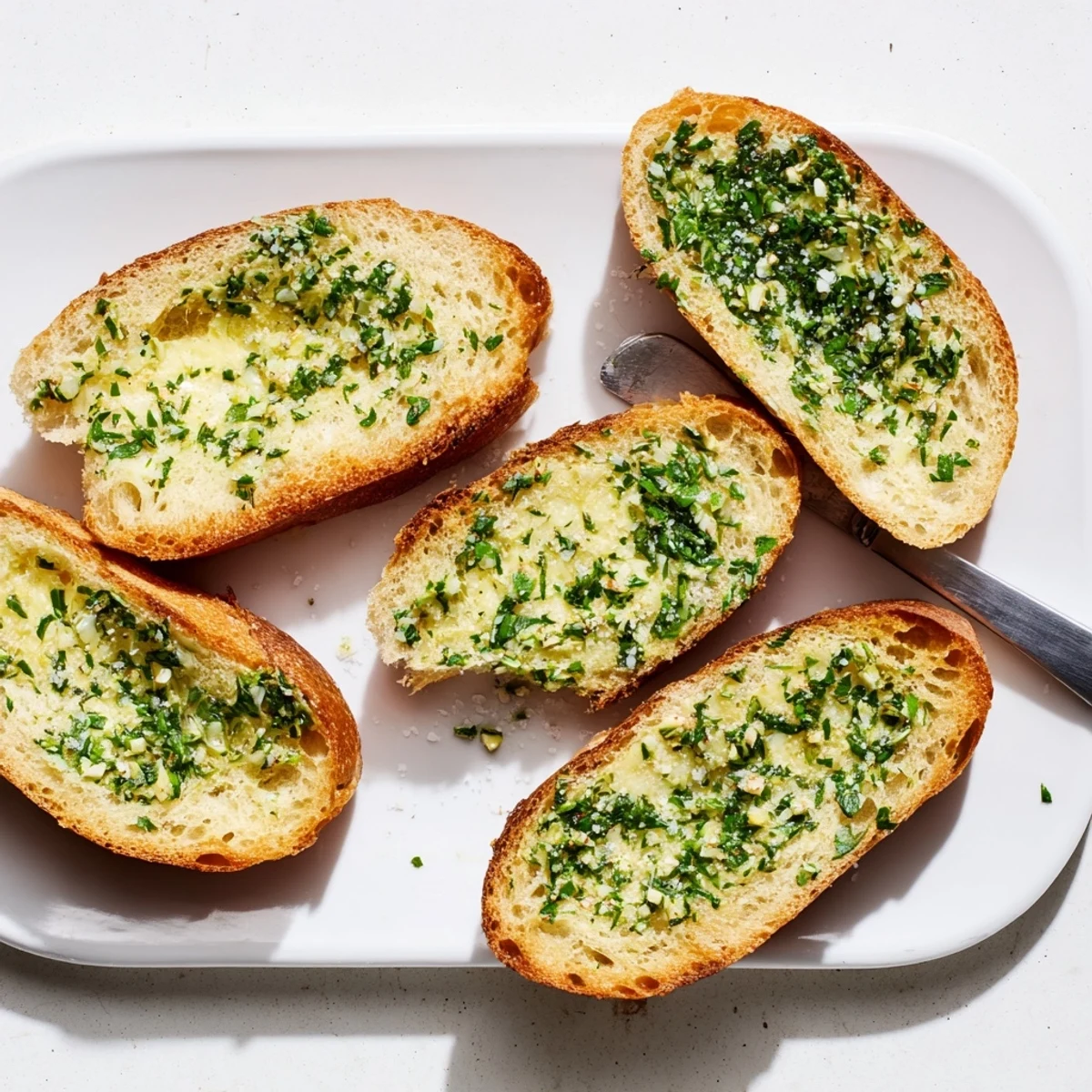 Golden-brown Herb Butter Toast slices glistening with melted compound butter, flecked with fresh parsley and chives, ready to serve as a savory snack.  