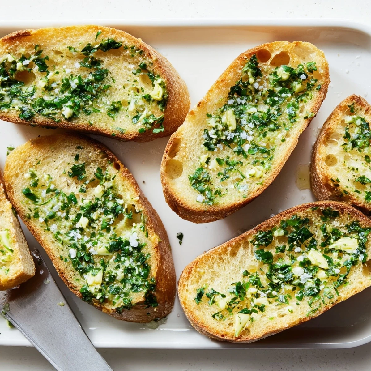Warm Herb Butter Toast on a rustic plate, the crusty bread edges crisped, topped with a generous spread of aromatic garlic herb butter.  