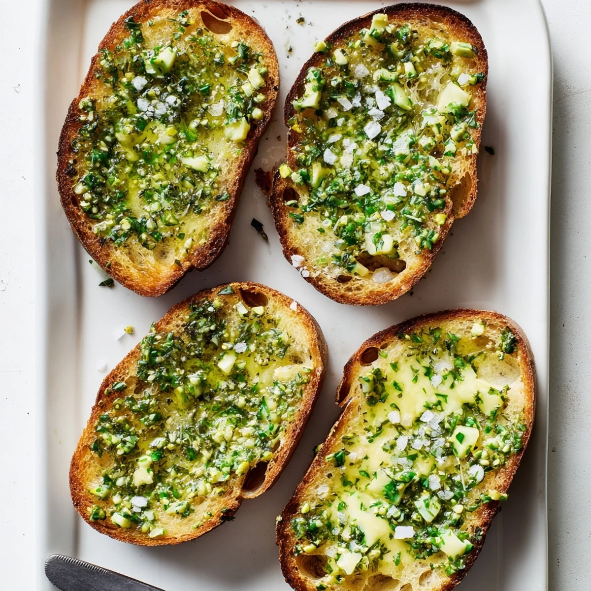 A close-up of Herb Butter Toast revealing the rich, melting butter infused with lemon zest and thyme, sprinkled with flaky sea salt.