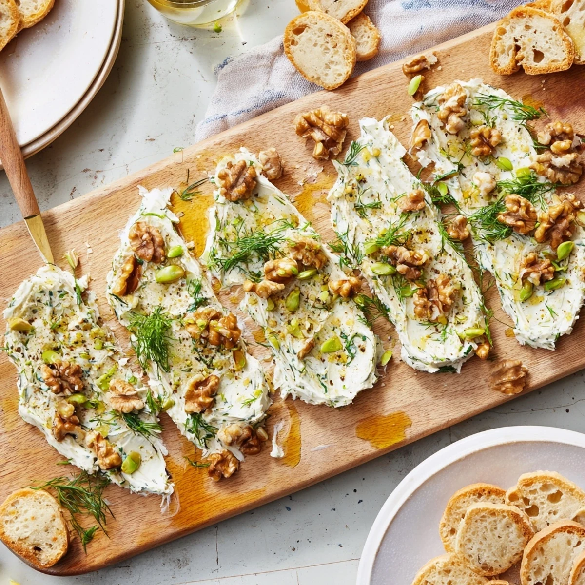 Serving suggestion for Flavored Butter Board Charcuterie paired with sliced baguette and crackers, garnished with herbs and sea salt for an easy appetizer.