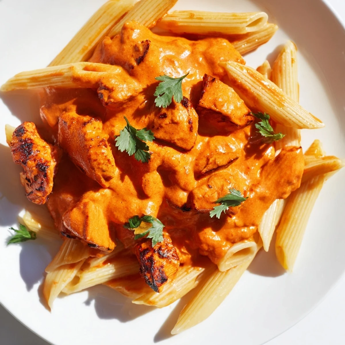 Creamy Chicken Tikka Pasta with tender, charred chicken pieces and a spiced tomato sauce tossed in penne.