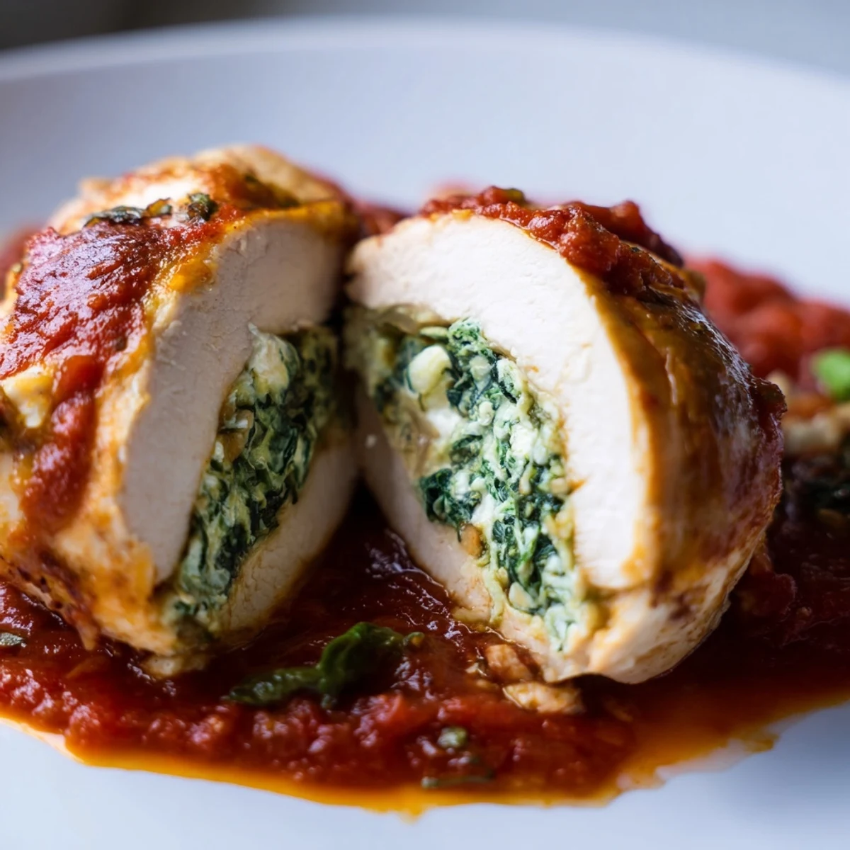 Golden-brown baked Spinach Ricotta Stuffed Chicken resting in a rich, bubbling tomato sauce in an oven-safe skillet.