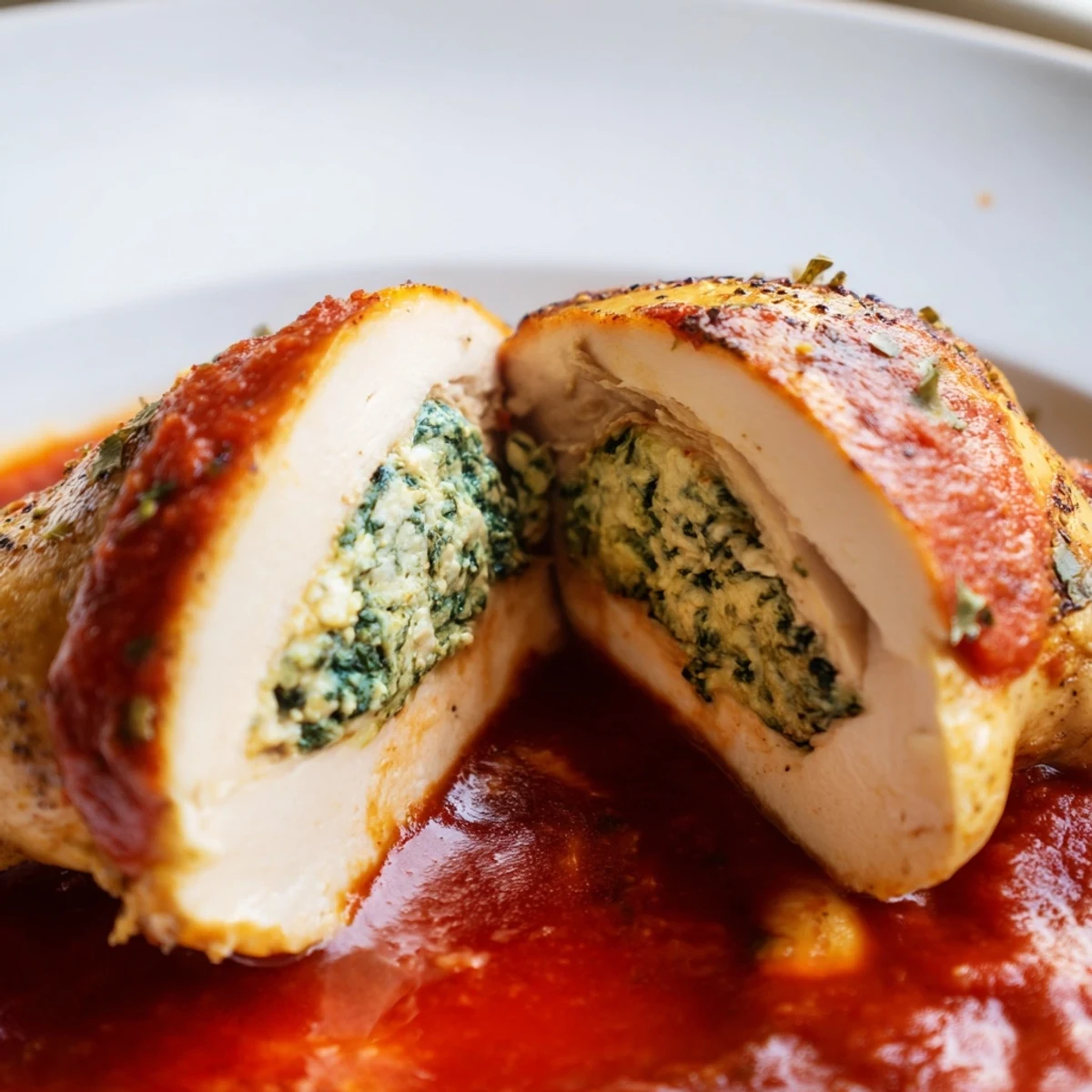 Sizzling seared Spinach Ricotta Stuffed Chicken ready to serve, garnished with Parmesan and accompanied by crusty artisan bread.