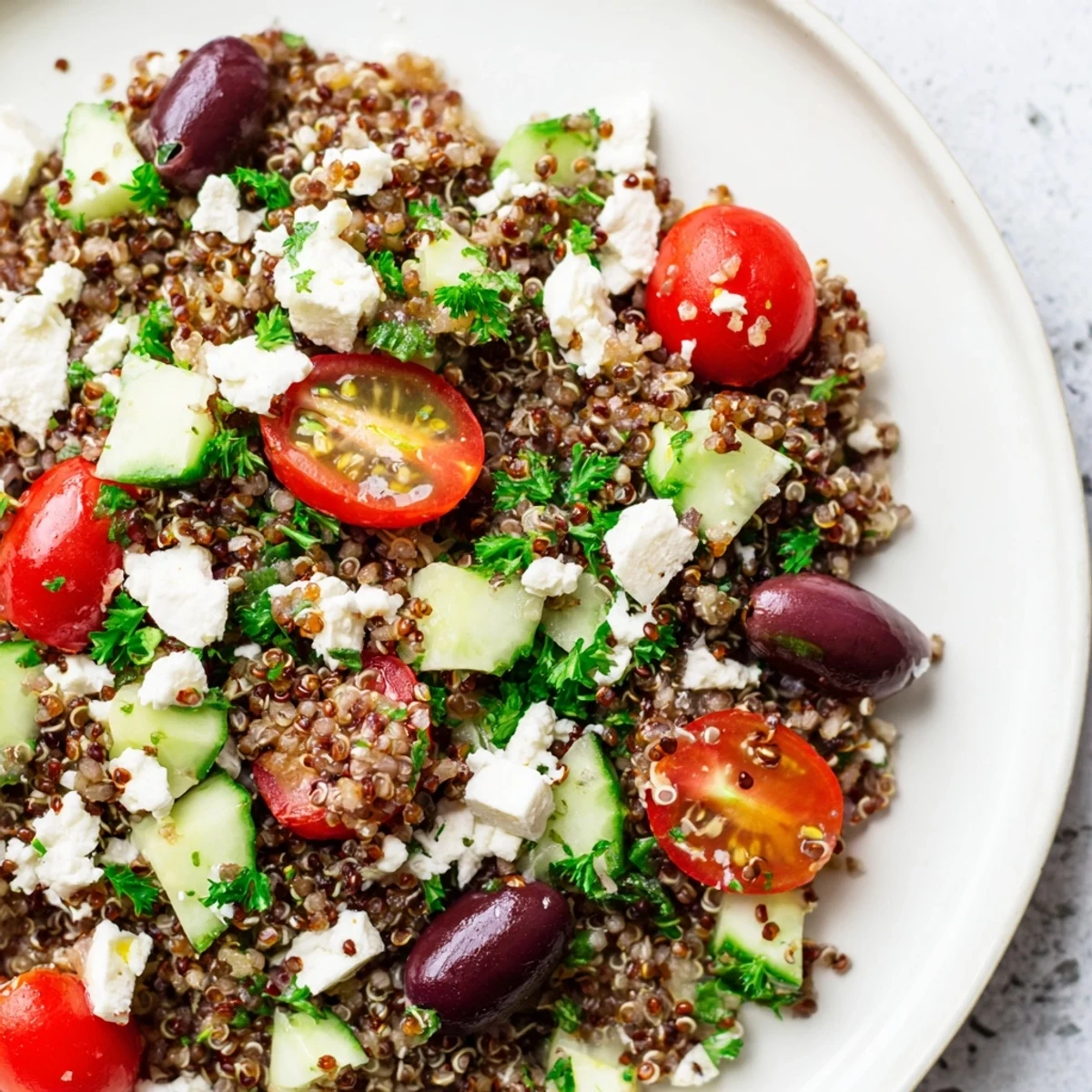 Greek Power Salad in a white bowl, overflowing with colorful lentils, quinoa, chickpeas, and feta, ready to enjoy.  