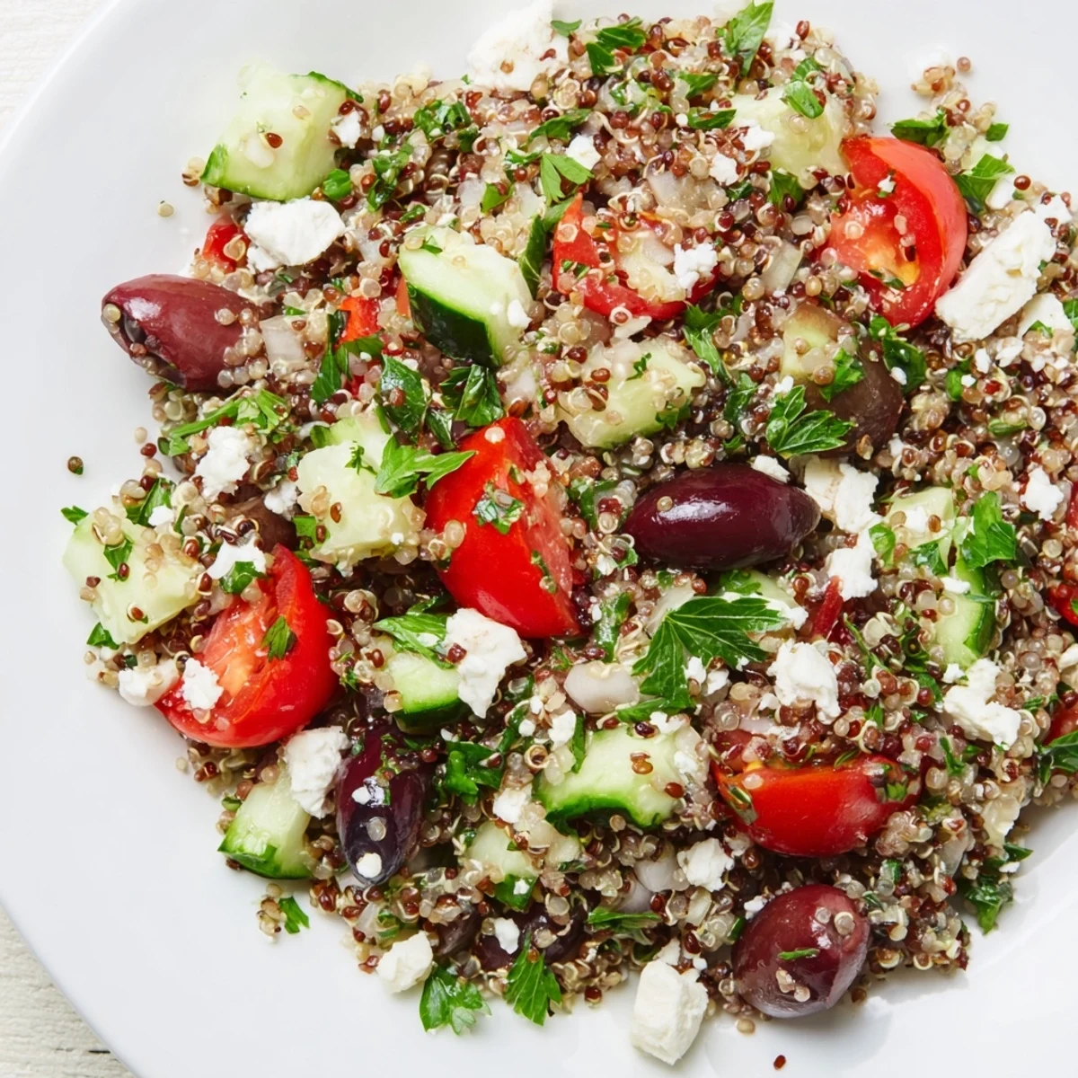 Close-up of Greek Power Salad with glistening vinaigrette, Kalamata olives, and fresh parsley on a rustic wooden table.  