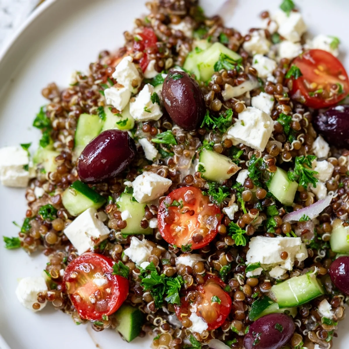 Healthy Greek Power Salad served in a ceramic bowl with a fork beside it for a nutritious lunch or light dinner.