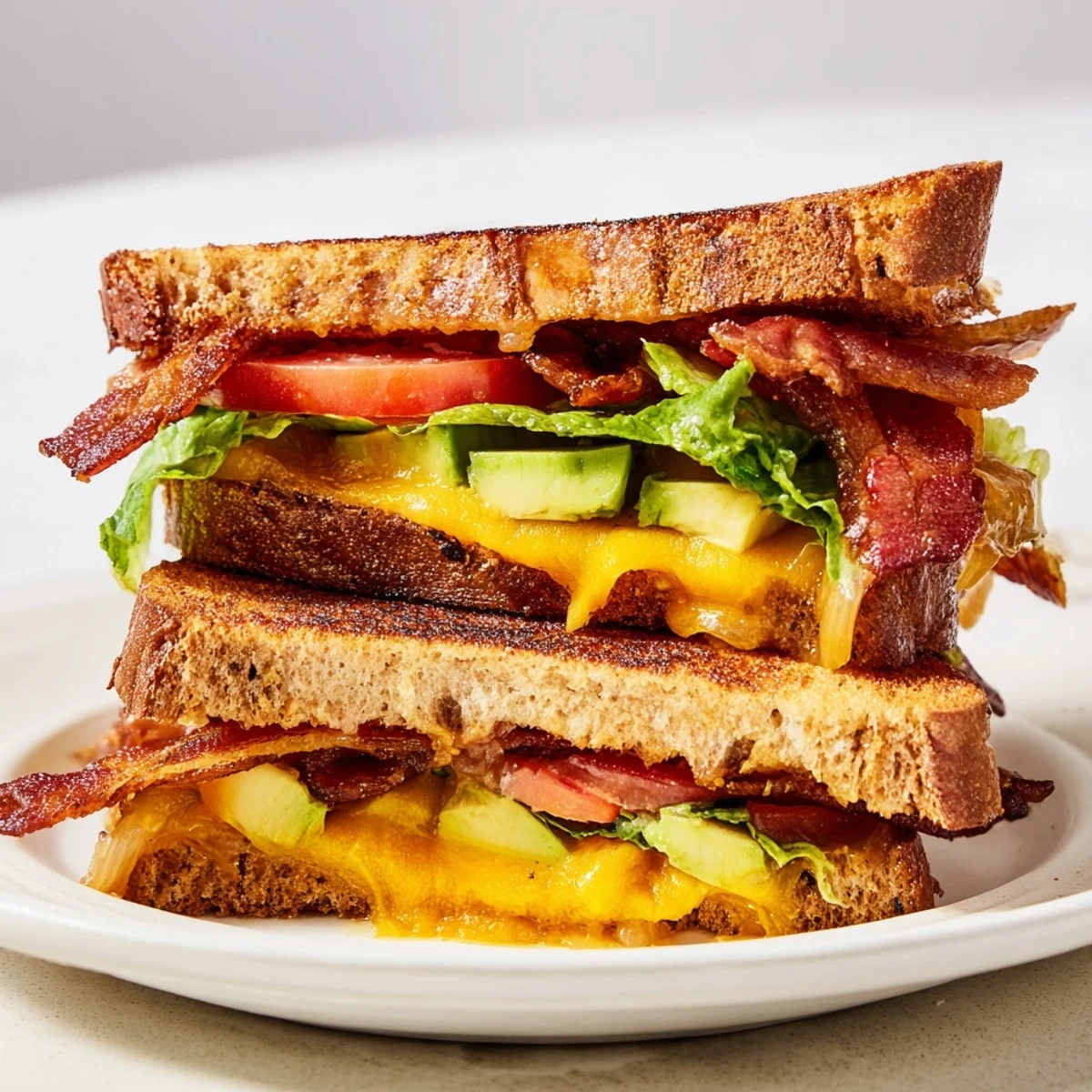 Perfectly grilled Avocado BLT Grilled Cheese served on a plate, showcasing creamy avocado layers and toasted bread for a comforting, gourmet lunch.  