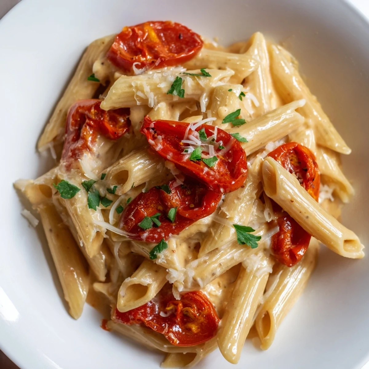 Twirls of penne pasta coated in creamy Cajun sauce with sweet roasted peppers and fresh parsley.