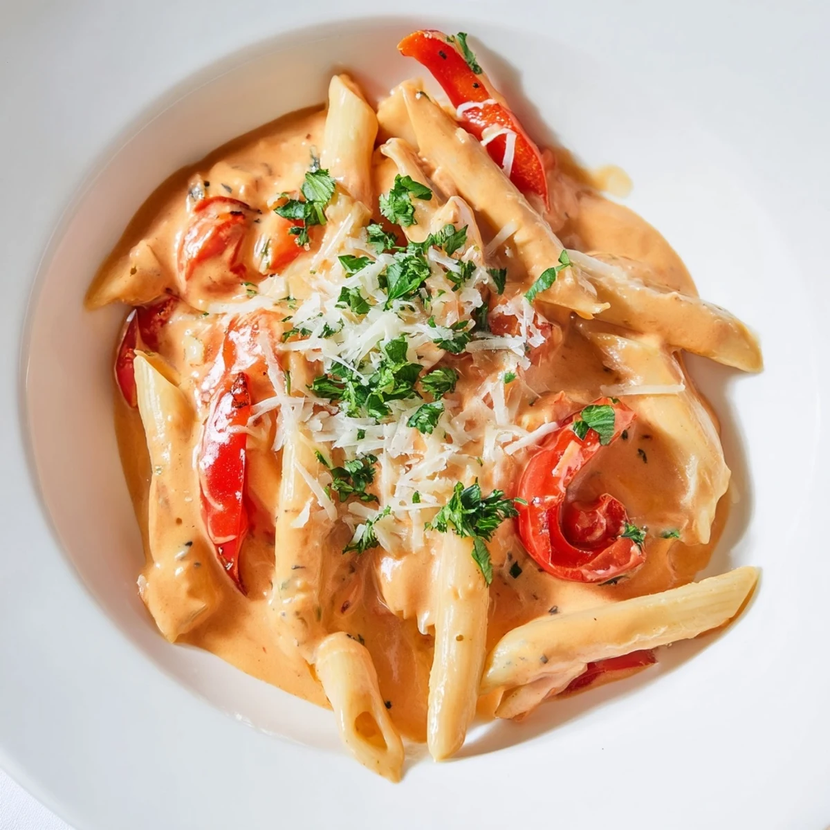 A comforting plate of Creamy Cajun pasta, garnished with parsley and extra Parmesan, ready to serve.