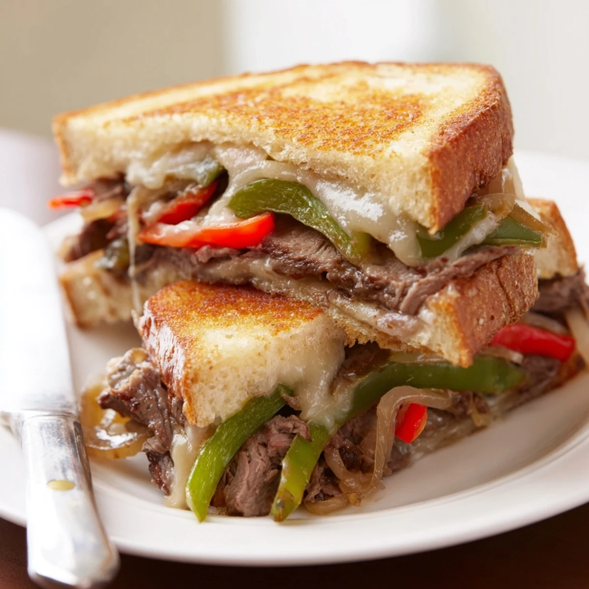 Close-up of a golden, buttery Philly Cheesesteak Grilled Cheese, showing melted provolone oozing from the crispy sourdough edges.