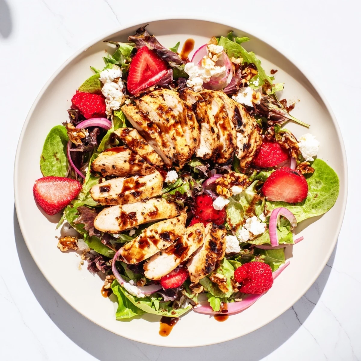 Freshly grilled chicken slices rest atop mixed greens, strawberries, and crumbled goat cheese, all drizzled with a glossy honey balsamic glaze.  