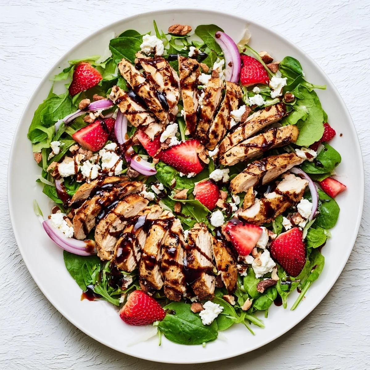 Tender honey balsamic chicken salad features sliced strawberries, red onion, and a sweet tangy glaze over a bed of greens.