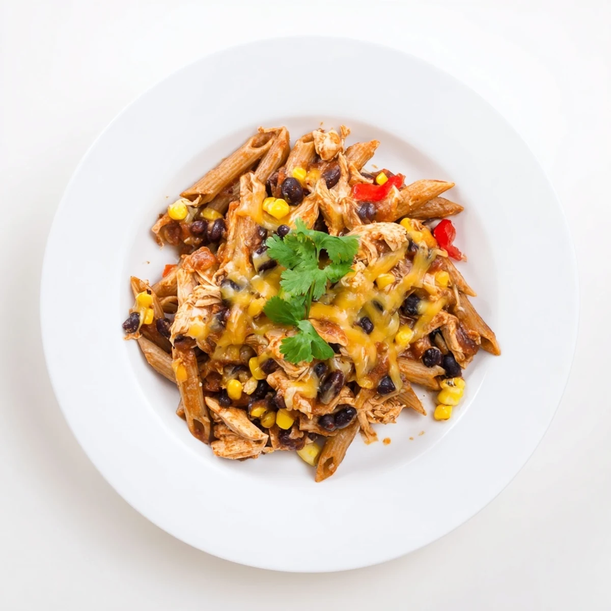 Creamy Chicken Enchilada Pasta with melted cheddar and Monterey Jack cheese, topped with cilantro and green onions.  