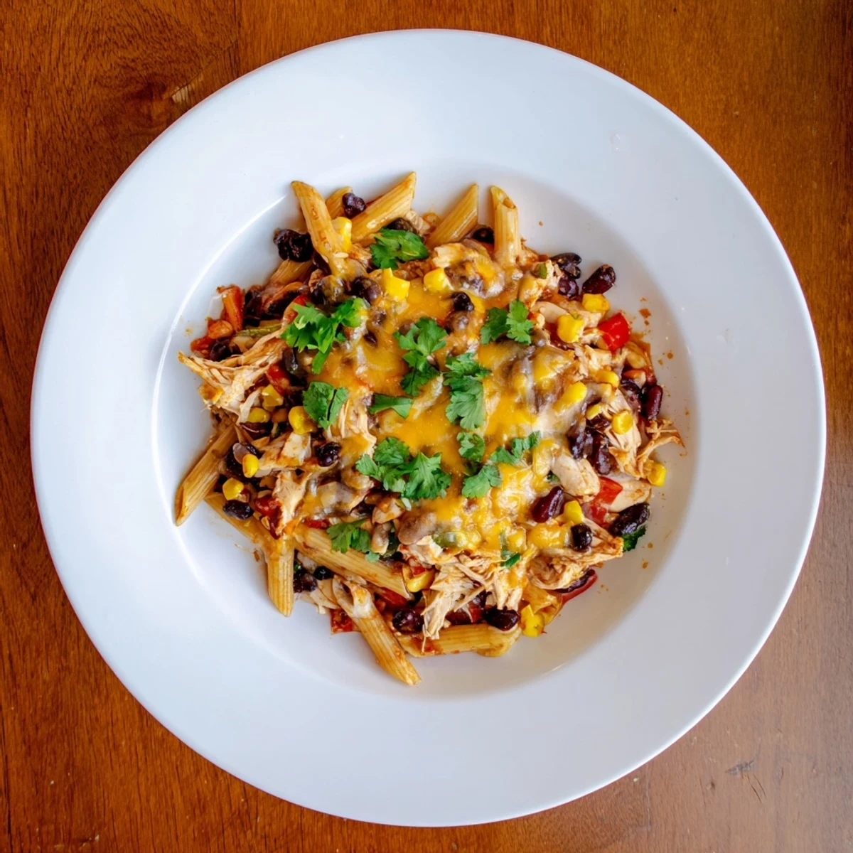 Hearty Chicken Enchilada Pasta served in a skillet with black beans, bell peppers, and a rich red enchilada sauce.  